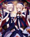  2girls artoria_pendragon_(all) black_legwear blue_cape blue_dress blue_footwear blue_gloves blue_hat boots breasts cape cleavage dark_excalibur dress fate/grand_order fate_(series) fur_trim gloves hat high_heel_boots high_heels highres jeanne_d&#039;arc_(alter)_(fate) jeanne_d&#039;arc_(fate)_(all) lens_flare medium_breasts multiple_girls namii pantyhose santa_alter santa_costume santa_hat short_dress short_hair short_hair_with_long_locks sidelocks silver_hair sitting sleeveless sleeveless_dress strapless strapless_dress thigh-highs thigh_boots 