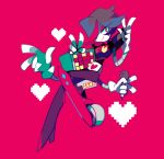 2others amakusa_(hidorozoa) closed_mouth double_w hair_over_one_eye hand_up heart high_heels holding looking_at_viewer mettaton mettaton_ex microphone multiple_others pink_background red_eyes robot short_hair simple_background smile undertale w