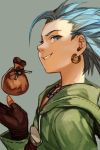  1boy blue_eyes brown_gloves camus_(dq11) dragon_quest dragon_quest_xi earrings fingerless_gloves gloves green_background green_hair green_jacket hand_up hankuri jacket jewelry open_mouth short_hair solo 