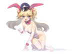 1girl animal_ears bangs bare_shoulders blonde_hair blue_eyes blush bow breasts bunny_tail bunnysuit collarbone elbow_gloves full_body girls_frontline gloves hair_flaps hair_ribbon hat leotard long_hair looking_at_viewer olys open_mouth pink_bow pink_ribbon police_hat rabbit_ears ribbon simple_background small_breasts solo super_shorty_(girls_frontline) tail thigh-highs twitter_username two_side_up white_background white_gloves white_legwear white_leotard wrist_cuffs 