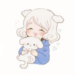  1girl :d animal_ears artist_name ayu_(mog) black_border blue_sweater blush border closed_eyes curly_hair dog dog_ears facing_viewer grey_hair heart holding_dog long_sleeves open_mouth original short_hair signature simple_background smile solo sweater white_background 