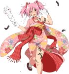  alternate_costume bare_shoulders body_writing face_painting facepaint floral_print gloves hagoita hair_ornament hair_ribbon hanetsuki happy_new_year japanese_clothes kaname_madoka kimono kyubey mahou_shoujo_madoka_magica new_year obi oman_(evld) one_eye_closed open_mouth paddle pink_eyes pink_hair ribbon sash short_twintails tabi translated twintails two_side_up white_gloves wide_sleeves 