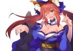  1girl animal_ears bare_shoulders blue_ribbon bow breasts cleavage collarbone commentary_request detached_sleeves eyebrows_visible_through_hair fang fate/extra fate/grand_order fate_(series) fingernails fox_ears fox_shadow_puppet fox_tail hair_bow hair_ribbon highres japanese_clothes kamakura_(clupeoidei) large_breasts multiple_tails one_eye_closed open_mouth pink_hair ribbon simple_background solo tail tamamo_(fate)_(all) tamamo_no_mae_(fate) white_background yellow_eyes 