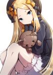  1girl abigail_williams_(fate/grand_order) absurdres bangs black_bow black_dress black_hat blonde_hair bloomers blue_eyes blush bow butterfly commentary_request dress fate/grand_order fate_(series) forehead hair_bow hat highres long_hair long_sleeves looking_down object_hug onsem orange_bow parted_bangs parted_lips polka_dot polka_dot_bow simple_background sleeves_past_fingers sleeves_past_wrists solo stuffed_animal stuffed_toy teddy_bear underwear very_long_hair white_background white_bloomers 