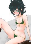  1girl ashitaba_tomorou bikini black_hair blush boots brown_footwear embarrassed flat_chest front-tie_top green_bikini green_eyes kantai_collection looking_at_viewer matsukaze_(kantai_collection) navel short_hair side-tie_bikini sitting solo swimsuit wavy_hair 