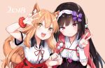  2018 2girls :d animal_ears bangs beige_background black_skirt blush breasts brown_eyes brown_hair center_frills closed_mouth collared_shirt commentary_request eyebrows_visible_through_hair fate/extra_ccc_fox_tail fate/grand_order fate_(series) fingernails fox_ears fox_girl fox_tail frills hair_between_eyes hood hood_down hooded_cape light_brown_hair long_hair looking_at_viewer medium_breasts multiple_girls open_mouth osakabe-hime_(fate/grand_order) pink_cape red_scrunchie red_skirt scrunchie shirt short_sleeves simple_background skirt smile suzuka_gozen_(fate) sweat tail tousaki_shiina v very_long_hair violet_eyes white_shirt wrist_scrunchie 