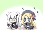 2girls :t abigail_williams_(fate/grand_order) bags_under_eyes bangs barefoot black_bow black_dress black_hat blonde_hair bloomers blue_eyes blush_stickers bow butterfly closed_mouth commentary_request dress eating ehoumaki eyebrows_visible_through_hair fate/grand_order fate_(series) flying_sweatdrops food gomasamune hair_between_eyes hair_bow hat highres holding holding_food horn lavinia_whateley_(fate/grand_order) long_hair long_sleeves looking_at_viewer makizushi multiple_girls orange_bow parted_bangs polka_dot polka_dot_bow silver_hair sitting sleeves_past_fingers sleeves_past_wrists sushi underwear very_long_hair wavy_mouth white_bloomers wide-eyed 