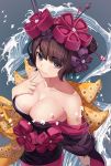  1girl animal bangs bare_shoulders bird blue_eyes breasts brown_hair closed_mouth collarbone commentary_request eyebrows_visible_through_hair fate/grand_order fate_(series) finger_to_mouth flower from_above hair_flower hair_ornament hairpin heart highres holding index_finger_raised japanese_clothes katsushika_hokusai_(fate/grand_order) kimono loading_(vkjim0610) looking_at_viewer medium_breasts obi off_shoulder purple_flower red_flower revision sash short_hair smile solo standing water 