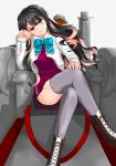  1girl black_hair boots chair cross-laced_footwear esora_neko full_body grain grey_legwear hairband head_tilt highres kantai_collection lace-up_boots legs_crossed long_hair looking_at_viewer multicolored_hair naganami_(kantai_collection) parted_lips pink_hair sitting solo thigh-highs two-tone_hair wavy_hair white_hairband 