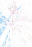  1girl absurdres bangs bare_shoulders blue_hair blush bound bound_wrists butterfly_hair_ornament eyebrows_visible_through_hair feathered_wings flower frills hair_between_eyes hair_flower hair_ornament hands_together highres leg_garter long_hair love_live! love_live!_school_idol_festival love_live!_school_idol_project microphone neck_ribbon open_mouth partially_colored ribbon scan shorts sleeveless solo sonoda_umi spot_color standing striped tani_takuya wings yellow_eyes 