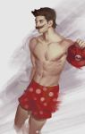  1boy abs blue_eyes brown_hair facial_hair hat hat_removed headwear_removed highres holding holding_hat male_focus male_swimwear mario super_mario_bros. mustache polka_dot realistic shirtless solo str_(str2016) super_mario_odyssey swim_trunks swimwear weibo_username 