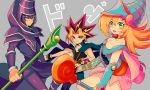  1girl bare_shoulders blonde_hair blue_eyes breasts cleavage commentary_request dark_magician dark_magician_girl detached_sleeves duel_monster hat highres large_breasts long_hair multiple_boys nns146 smile yami_yuugi yu-gi-oh! yuu-gi-ou_duel_monsters 