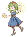  1girl :d alcohol ankle_boots beer blue_dress boots bow check_character commentary_request cup dress drinking_glass full_body green_hair hair_bow hairband holding holding_drinking_glass kochiya_sanae looking_at_viewer open_mouth orange_eyes puffy_short_sleeves puffy_sleeves purple_legwear red_bow ribbed_legwear sasa_kichi short_sleeves simple_background smile solo standing standing_on_one_leg touhou white_background 