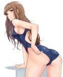 1girl arm_support ass bangs bare_back blunt_bangs blush breasts brown_hair competition_swimsuit cowboy_shot from_behind graphite_(medium) idolmaster idolmaster_cinderella_girls kamiya_nao leaning_forward long_hair looking_at_viewer looking_back naga1047 one-piece_swimsuit red_eyes sideboob swimsuit traditional_media wet 