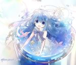  1girl :d arm_support bangs bare_arms blue_eyes blue_hair commentary_request copyright_name cyawa dress eyebrows_visible_through_hair flower hair_between_eyes in_container jewelry liquid_hair long_hair looking_at_viewer merc_(merc_storia) merc_storia open_mouth purple_flower ring sleeveless sleeveless_dress smile solo very_long_hair water white_dress 
