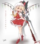  1girl afterimage baseball_bat blonde_hair blood blood_stain bloody_clothes bloody_hand buttons commentary_request coreytaiyo crazy flandre_scarlet frilled_skirt frills full_body hair_ribbon hat high_heels licking looking_at_viewer mary_janes mob_cap nail nail_bat puffy_short_sleeves puffy_sleeves red_eyes red_footwear red_shirt red_skirt ribbon shadow shirt shoes short_hair short_sleeves side_ponytail signature skirt socks solo tongue tongue_out touhou translation_request walking wings yellow_neckwear 