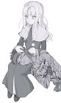  1boy 1girl avenger caren_hortensia closed_eyes crossed_arms ear_cleaning ensm fate/hollow_ataraxia fate_(series) greyscale headband holding lap_pillow long_hair long_sleeves monochrome open_mouth shirtless short_hair sitting white_background 