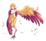  1girl bandage blonde_hair breasts choker feathered_wings feathers harpy long_hair monster_girl multicolored_hair naked_bandage original outstretched_arm red_feathers redhead solo talons tattoo transparent_background two-tone_hair winged_arms wings yellow_eyes yellow_feathers yun_(outsidey) 