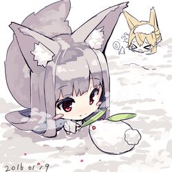  &gt;_&lt; 2girls absurdly_long_hair animal_ears bangs barefoot blonde_hair blush_stickers breath chibi closed_mouth dated eyebrows_visible_through_hair flying_sweatdrops fox_ears fox_girl fox_tail japanese_clothes kimono long_hair long_sleeves multiple_girls open_mouth original outdoors red_eyes silver_hair smile snow snow_bunny spoken_sweatdrop standing sweatdrop tail very_long_hair white_kimono wide_sleeves yuuji_(yukimimi) 