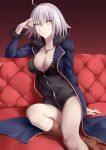  1girl ahoge black_dress boots breasts brown_footwear cleavage coat couch dress fate/grand_order fate_(series) full-length_zipper fur-trimmed_coat fur_trim high_heel_boots high_heels jeanne_d&#039;arc_(alter)_(fate) jeanne_d&#039;arc_(fate)_(all) jewelry knee_boots looking_at_viewer necklace parted_lips short_dress short_hair silver_hair solo tonyxx50 wicked_dragon_witch_ver._shinjuku_1999 yellow_eyes zipper 