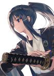  1girl bangs blue_hair eyepatch hair_tie huanxiang_heitu japanese_clothes love_live! love_live!_sunshine!! matsuura_kanan ponytail ready_to_draw sidelocks simple_background smile solo sword upper_body violet_eyes weapon white_background wide_sleeves 