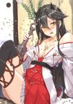  1girl bare_shoulders beans black_hair blush boots brown_eyes club collarbone detached_sleeves hair_ornament hairband hairclip haruna_(kantai_collection) holding holding_weapon indoors japanese_clothes kanabou kantai_collection kyougoku_touya long_hair nontraditional_miko oni_horns open_clothes setsubun sitting thigh-highs thigh_boots weapon wide_sleeves yellow_eyes 