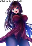  1girl akeyama_kitsune aozaki_aoko arms_behind_back black_legwear blue_eyes breasts brown_hair dress large_breasts long_hair looking_at_viewer mahou_tsukai_no_yoru open_mouth pantyhose red_dress simple_background smile solo text white_background 