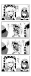  4koma 5girls absurdres aura bare_shoulders bent_knees black_shirt bow chains closed_eyes clownpiece collar collarbone comic commentary crescent dress eyebrows_visible_through_hair floating food fruit greyscale hair_bow hat hecatia_lapislazuli highres hinanawi_tenshi holding_toy junko_(touhou) kikoka_(mizuumi) leaf long_hair monochrome multiple_girls off-shoulder_shirt open_mouth peach polos_crown sash shaded_face shirt short_hair slit_pupils stuffed_animal stuffed_cat stuffed_toy sweatdrop t-shirt tabard touhou translation_request yorigami_shion 