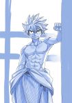  1boy bare_chest bath_yukata clenched_hand contrapposto cowboy_shot fairy_tail japanese_clothes kimono kimono_pull looking_at_viewer male_focus mashima_hiro monochrome natsu_dragneel nipples scar smile solo spiky_hair yukata 