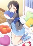  1girl bangs bed blue_hair blush commentary_request eyebrows_visible_through_hair flower hair_between_eyes heart kneeling long_hair love_live! love_live!_school_idol_festival love_live!_school_idol_project object_hug pajamas pillow skull573 socks solo sonoda_umi stuffed_animal stuffed_toy whale_shark 