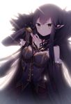  1girl bare_shoulders black_dress black_hair breasts bridal_gauntlets cleavage commentary_request detached_sleeves dress fate/apocrypha fate/grand_order fate_(series) fur_trim highres large_breasts long_dress long_hair looking_at_viewer pointy_ears semiramis_(fate) smile solo spikes umeko_208 very_long_hair yellow_eyes 