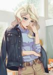  1girl :o alternate_costume backlighting beizhe_mu_jita_de_xiao_zhu belt blonde_hair blue_eyes blue_sweater blush breast_pocket breasts casual cowboy_shot denim denim_jacket diana_cavendish green_hair hand_on_own_arm hand_to_own_face highres indoors jacket_on_shoulders little_witch_academia long_hair long_sleeves looking_at_viewer multicolored_hair open_mouth pants pocket sleeves_pushed_up small_breasts solo standing sweater tsurime two-tone_hair unbuttoned wavy_hair weibo_username 