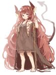  1girl absurdly_long_hair bangs bare_shoulders barefoot black_dress closed_mouth collarbone demon_horns demon_tail dress eyebrows_visible_through_hair full_body horns long_hair original red_eyes redhead simple_background sketch solo standing tail very_long_hair white_background yuuji_(yukimimi) 