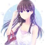  1girl bag bangs black_eyes black_hair collarbone dress hair_twirling hand_in_hair highres koi_wa_ameagari_no_you_ni long_hair looking_at_viewer nyaa_(nnekoron) shoulder_bag tachibana_akira upper_body white_dress 