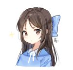  1girl blue_bow blue_shirt blush bow brown_eyes brown_hair closed_mouth collared_shirt commentary_request hair_bow idolmaster idolmaster_cinderella_girls long_hair looking_at_viewer moong_gya shirt signature simple_background solo sparkle tachibana_arisu v-shaped_eyebrows white_background 