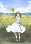  1girl brown_eyes brown_hair clouds cloudy_sky commentary_request day dress flower full_body highres kantai_collection long_hair looking_at_viewer magatama_necklace nito_(nshtntr) ocean ryuujou_(kantai_collection) sky smile solo standing sundress sunflower twintails white_dress 