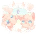  :d :o blue_eyes blush character_name fang gem hideko_(l33l3b) jigglypuff looking_at_viewer no_humans open_mouth pokemon pokemon_(creature) simple_background smile upside-down 