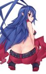  1girl antenna_hair arm_grab ass bikini_top black_belt black_bikini_top black_footwear blue_hair butt_crack closed_mouth commentary debutya_aki disgaea disgaea_d2 frown full_body genderswap genderswap_(mtf) highres laharl laharl-chan long_hair looking_at_viewer looking_back pants pantylines pointy_ears red_eyes red_pants shoes simple_background solo squatting v-shaped_eyebrows white_background 