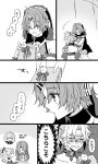  2girls :&lt; blush braid choker closed_eyes comic crying detached_sleeves fate/apocrypha fate/grand_order fate_(series) frankenstein&#039;s_monster_(fate) glasses greyscale hair_ornament hair_scrunchie highres holding horn horns jekyll_and_hyde_(fate) kyouna looking_at_another monochrome mordred_(fate) mordred_(fate)_(all) multiple_girls open_mouth ponytail scrunchie short_hair sweat translation_request veil yuri 