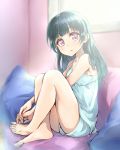  1girl bangs barefoot bloom blue_hair blunt_bangs camisole couch full_body hair_down hands_together head_tilt highres knees_up legs_crossed long_hair looking_at_viewer love_live! love_live!_sunshine!! morning nail_polish open_mouth pillow sitting solo takenoko_no_you tsushima_yoshiko violet_eyes 