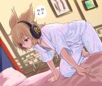  1girl alternate_costume bed bedroom bent_knee blonde_hair blue_pajamas earmuffs from_side makuwauri painting pajamas pillow solo touhou toyosatomimi_no_miko translation_request window 