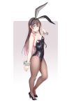  1girl animal_ears black_leotard blush breasts brown_hair brown_legwear bunny_tail bunnysuit closed_mouth contrapposto detached_collar fake_animal_ears fake_tail full_body glasses gradient gradient_background green_eyes hand_up highres kantai_collection leotard long_hair looking_at_viewer medium_breasts ooyodo_(kantai_collection) pantyhose purple_background rabbit_ears solo standing tail wrist_cuffs yuuji_(and) 