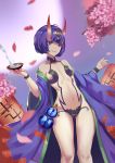  1girl absurdres alcohol bare_shoulders breasts cecilia_(oshigoto_boshuuchuu) cup fate/grand_order fate_(series) flower hair_ornament hand_up highres horns japanese_clothes kimono lantern navel oni oni_horns paper_lantern petals purple_hair revealing_clothes sakazuki short_hair shuten_douji_(fate/grand_order) small_breasts smile solo standing violet_eyes 