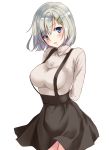  1girl :d alternate_costume arms_behind_back black_skirt blue_eyes blush breasts cowboy_shot eyebrows_visible_through_hair grey_sweater hair_ornament hairclip hamakaze_(kantai_collection) head_tilt impossible_clothes kantai_collection looking_at_viewer medium_breasts open_mouth shiny shiny_hair short_hair silver_hair simple_background skirt smile solo standing suspender_skirt suspenders sweater tareme turtleneck turtleneck_sweater u0709 white_background 