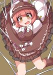  1girl bent_knees blush breasts brown_background brown_legwear commentary_request dress earrings frilled_dress frills fun_bo hat jewelry kneehighs long_sleeves medium_breasts mystia_lorelei open_mouth pink_hair puffy_long_sleeves puffy_sleeves short_hair silk solo spider_web touhou trapped yellow_eyes 