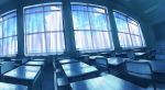  blue_sky ceiling_light chair chalkboard classroom curtains day desk fisheye gensuke_(ryun) horizon indoors no_humans ocean original reflection school_chair school_desk sky still_life table window 