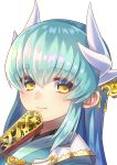  1girl aqua_hair bangs blush closed_mouth eyebrows_visible_through_hair fan fate/grand_order fate_(series) folding_fan gold horns kiyohime_(fate/grand_order) lips long_hair looking_at_viewer minamo25 shiny shiny_hair simple_background smile solo straight_hair upper_body white_background yellow_eyes 