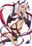  1girl :d absurdres asymmetrical_legwear bat_wings black_gloves black_legwear commentary_request dark_skin demon_girl demon_horns demon_tail demon_wings elbow_gloves flat_chest gloves highres horns long_hair looking_at_viewer navel open_mouth original pointy_ears satou_(3366_s) silver_hair simple_background smile solo tail violet_eyes white_background wings 