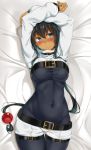  1girl arms_up bangs bed_sheet belt belt_buckle black_hair blush bodysuit breasts buckle closed_mouth covered_navel cowboy_shot dark_skin embarrassed eyebrows_visible_through_hair from_above frown gradient_hair green_hair groin hair_bobbles hair_ornament head_tilt highres long_hair long_sleeves looking_at_viewer lying medium_breasts multicolored_hair nose_blush on_back original raised_eyebrows short_shorts shorts sidelocks skin_tight solo thigh_gap very_long_hair white_shorts yuzu_lemon 