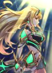  1girl arm_at_side armor bangs blonde_hair breasts brown_eyes clenched_hand closed_mouth cowboy_shot dress elf faulds floating_hair from_side gem glowing_earrings headpiece highres mythra_(xenoblade) large_breasts light_rays long_hair looking_afar midriff pointy_ears profile serious short_dress shoulder_armor solo standing sunbeam sunlight tonami_kanji underbust very_long_hair white_dress wrist_guards xenoblade_2 
